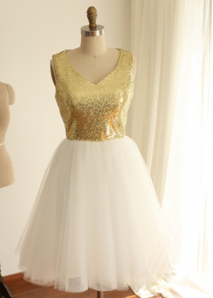 Gold Sequin Ivory Tulle Cut Out Back Sparkling Bridesmaid Dress